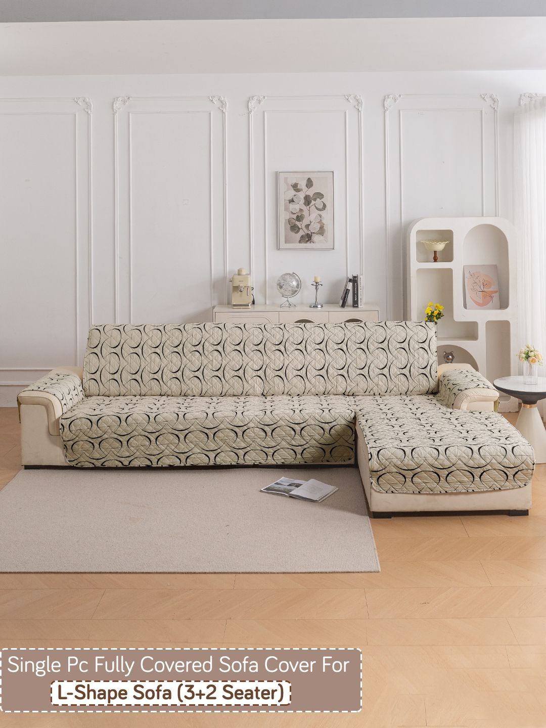 HOKIPO Beige & Cream-Coloured Printed 1 Piece Sofa Cover With Arms-image-27