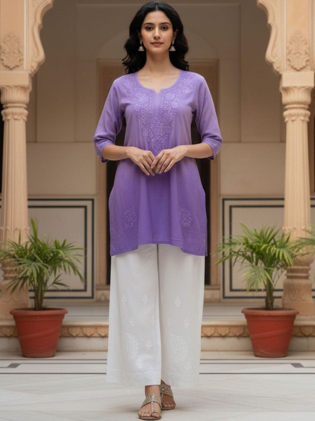 FashionChikan Art Ethnic Motifs Embroidered V-Neck Chikankari Kurti-picture-44