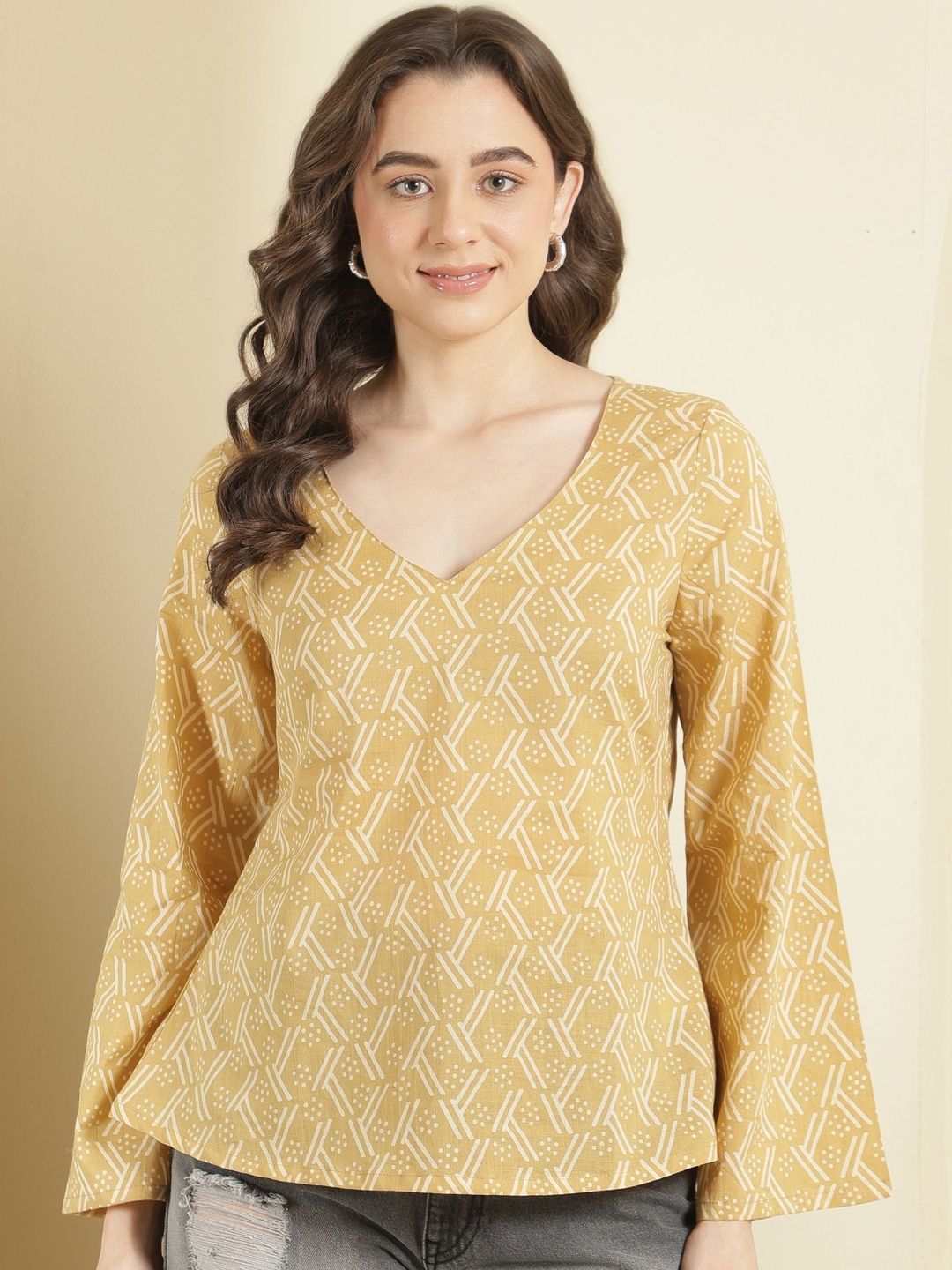 KALAMIR Geometric Print Bell Sleeve Cotton Top-picture-47