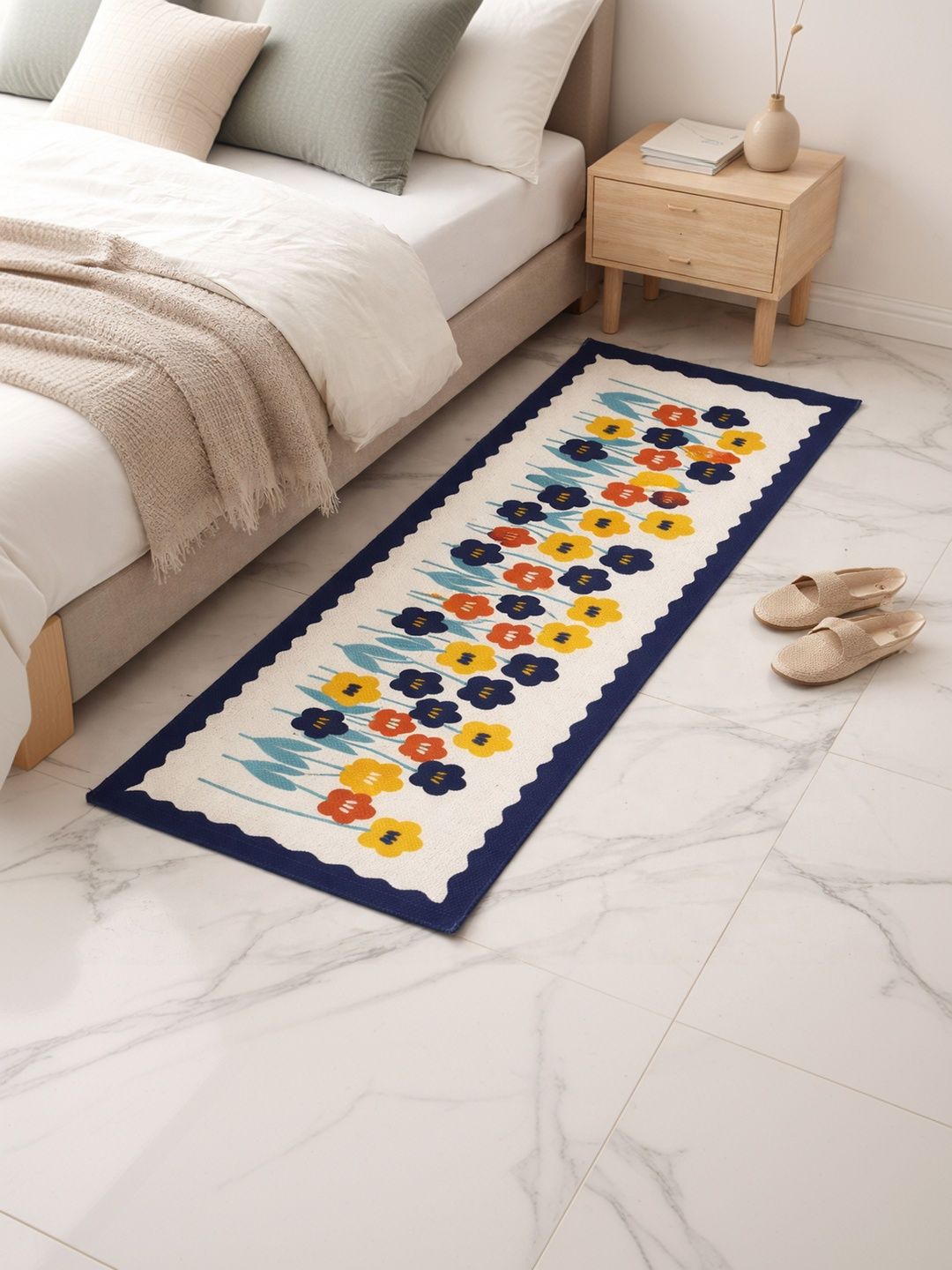 ANA White & Navy Blue Floral Printed Pure Cotton Floor Runners-image-45