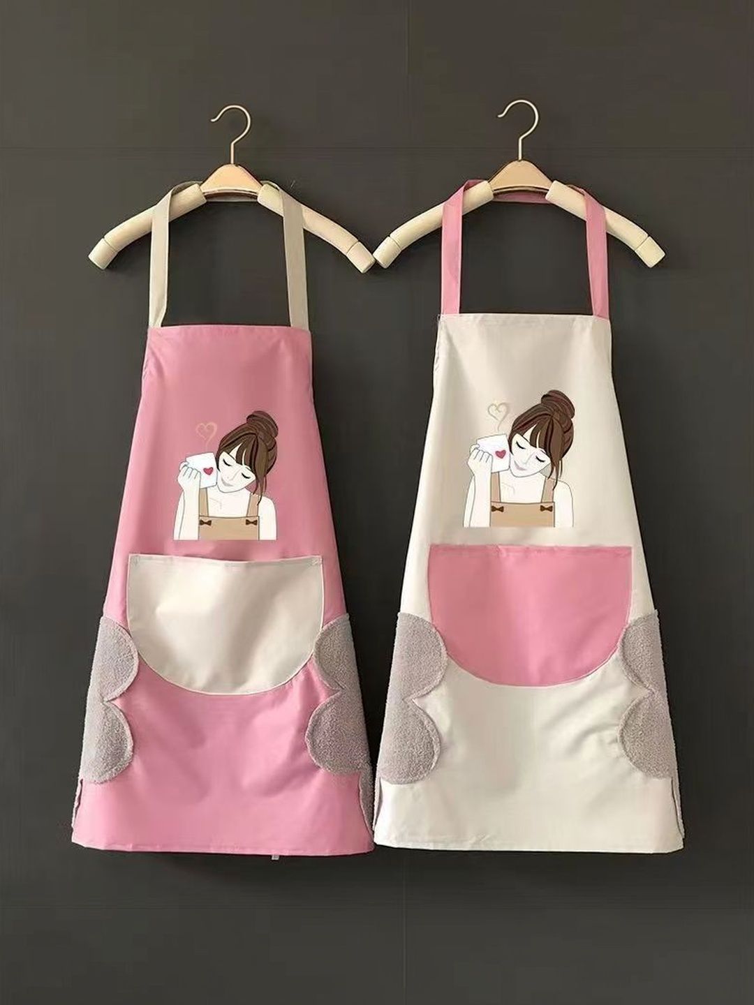 Ashmakam Set Of 2 Pink & Cream-Colored Cute Love Girl Printed Waterproof Kitchen Aprons-picture-14