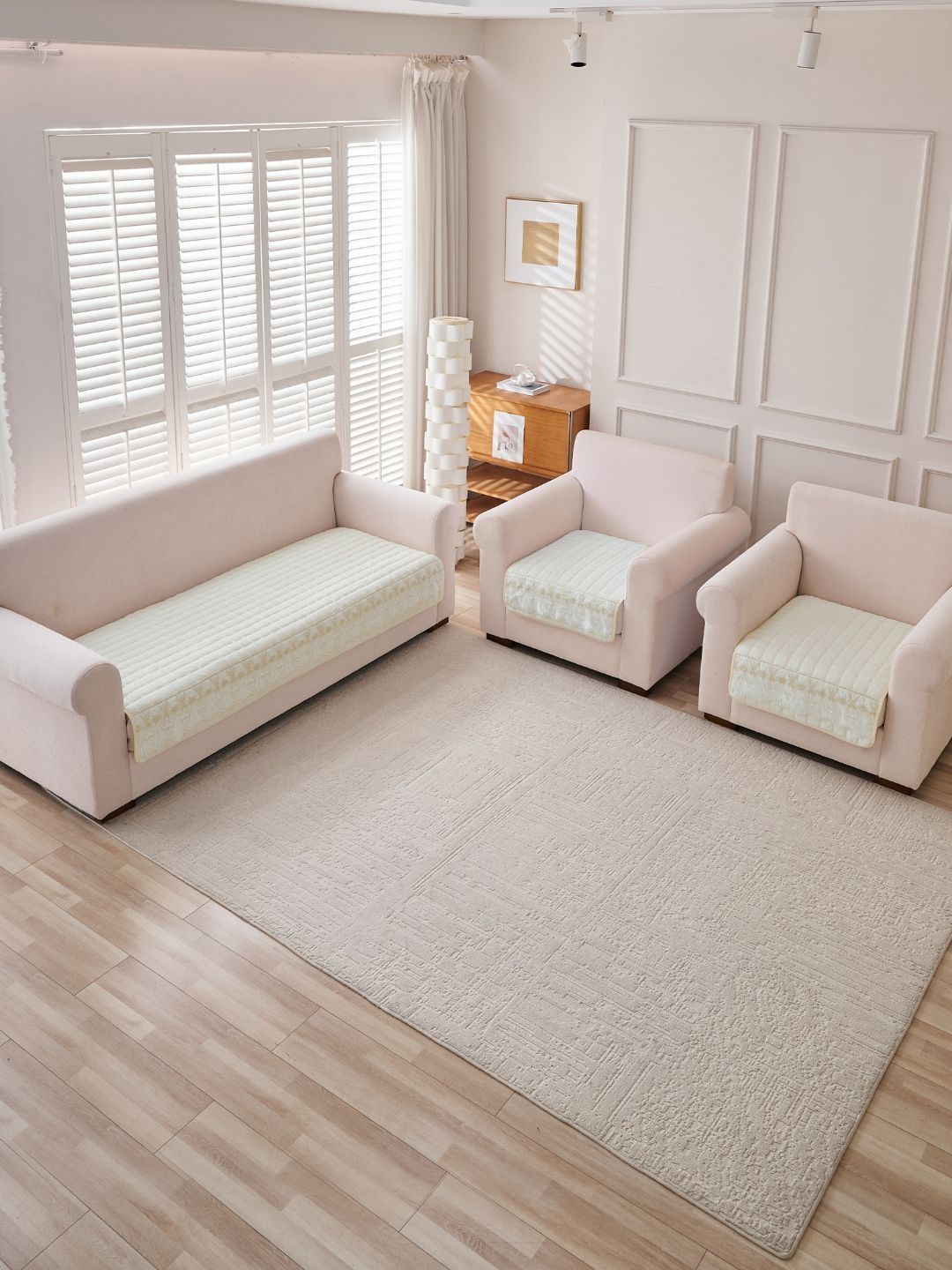 HOKIPO Cream-Coloured Embroidered 3 Piece Sofa Cover Without Arms-picture-11