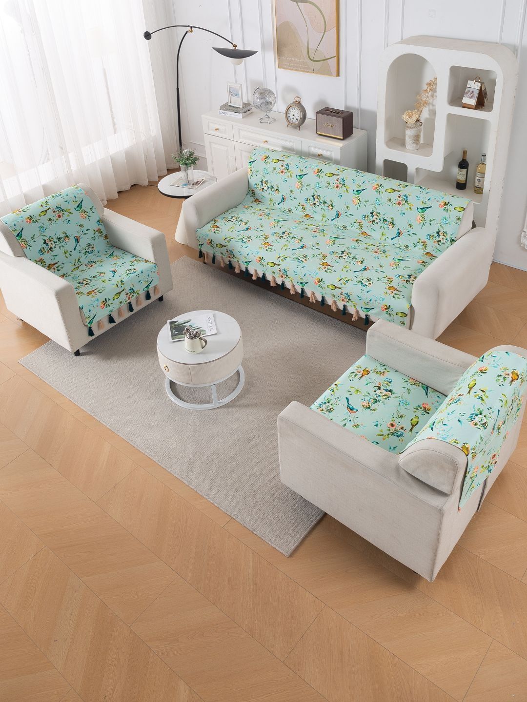 HOKIPO Mint Blossom Whispers Nature Velvet Sofa Cover 5 Seater 3+1+1 Set-picture-2