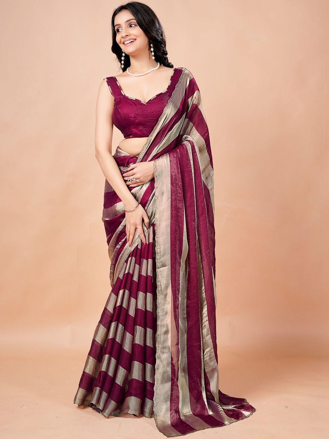 KIYAA FASHION Striped Beads and Stones Organza Designer Saree-picture-19
