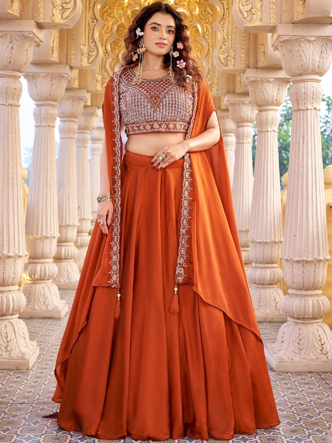 HERE&NOW Embroidered Thread Work Semi-Stitched Lehenga & Blouse With Dupatta-picture-34