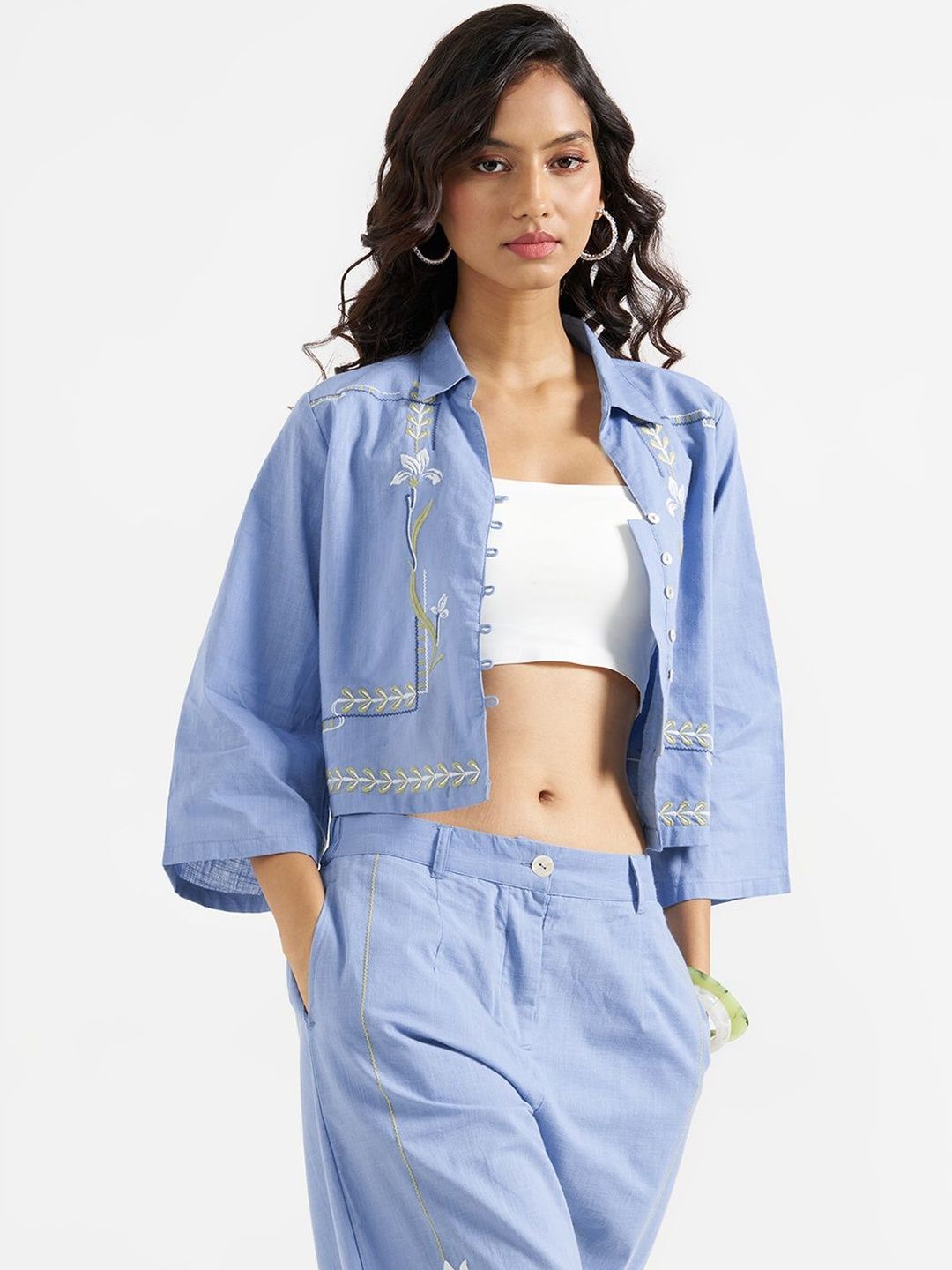 AKKRITI BY PANTALOONS Floral Embroidered Cotton Shirt Style Crop Top-picture-40