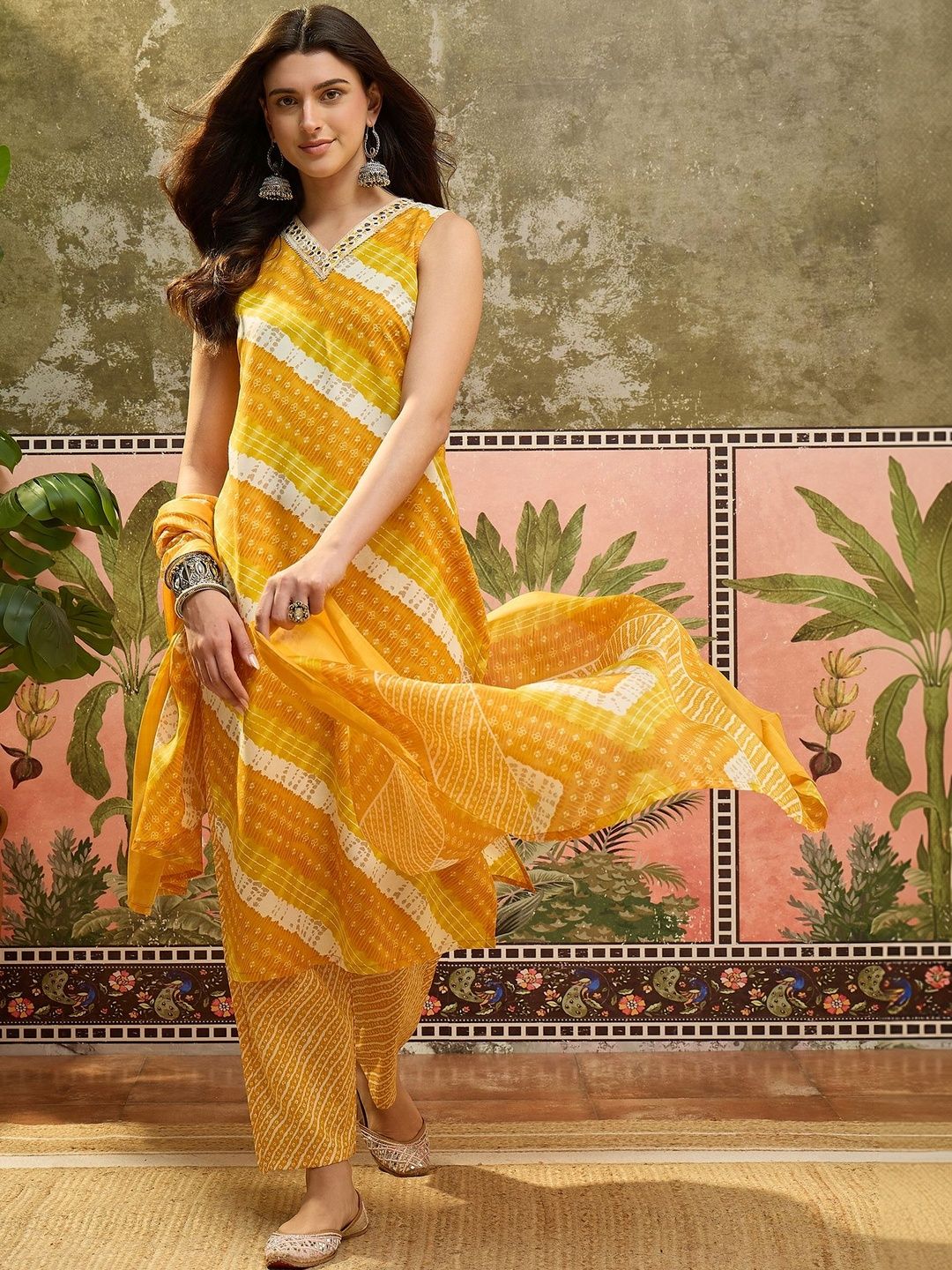 Sangria Printed Pure Cotton V-Neck Kurta & Trousers With Dupatta-picture-33