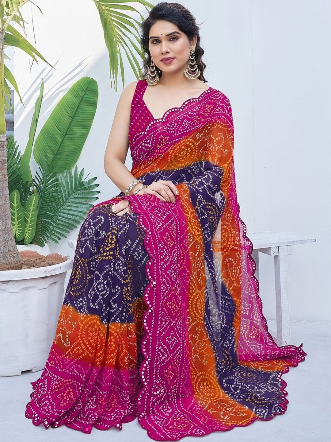 Subham Bandhani Mirror Work Poly Georgette Bandhani Saree-picture-27