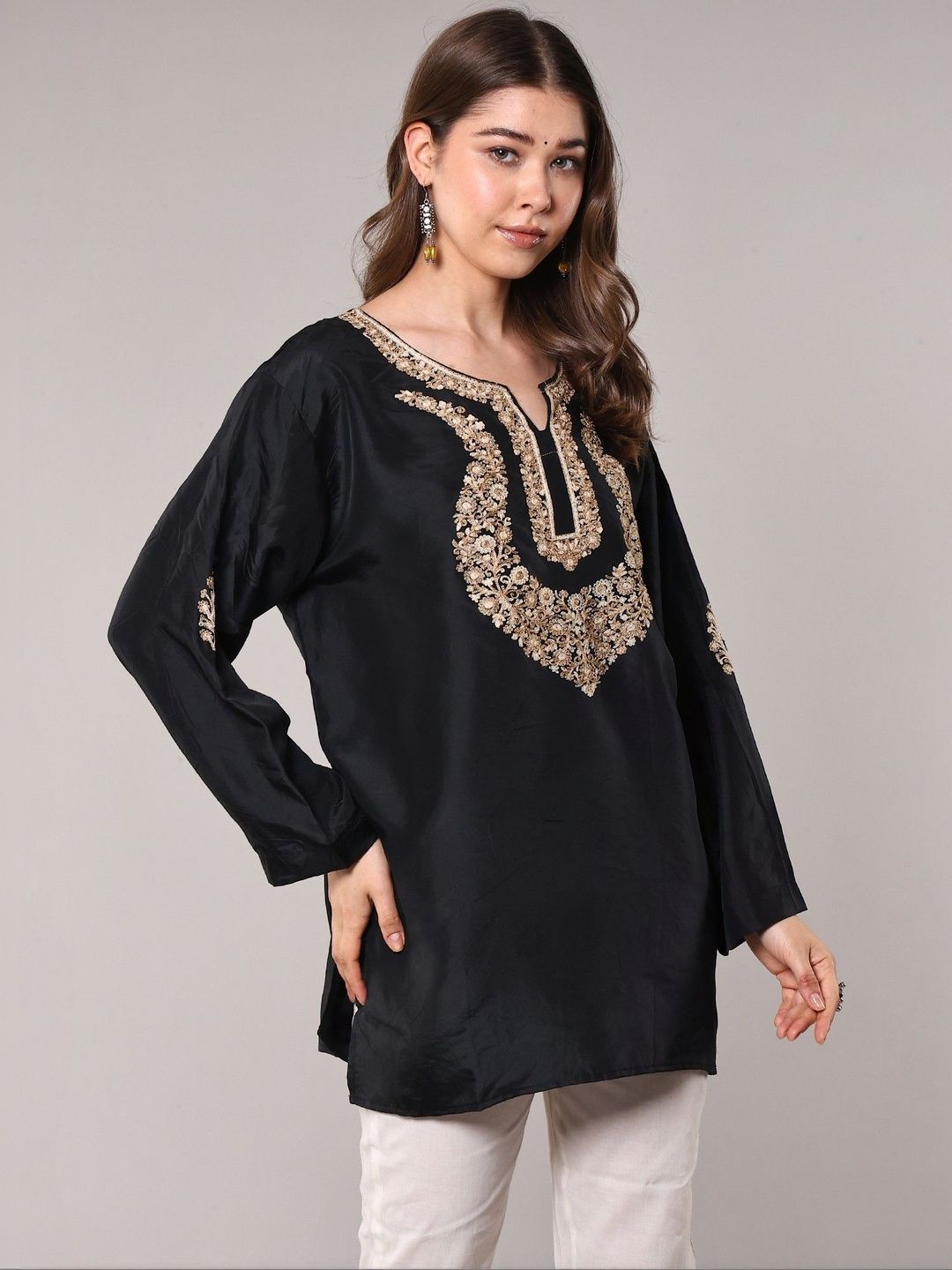 Exotic India Floral Embroidered V-Neck Pure Silk Blend Kurti-image-37