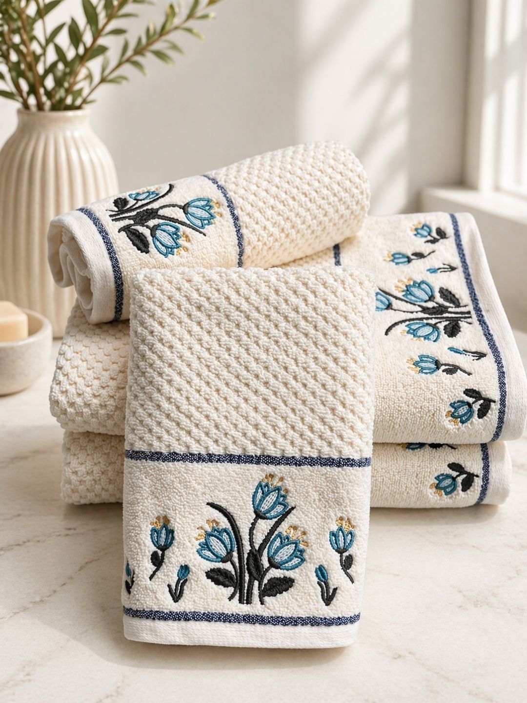 SENSES Cream-Coloured & Blue 4 Piece Cotton 550 GSM Towel Set-image-4