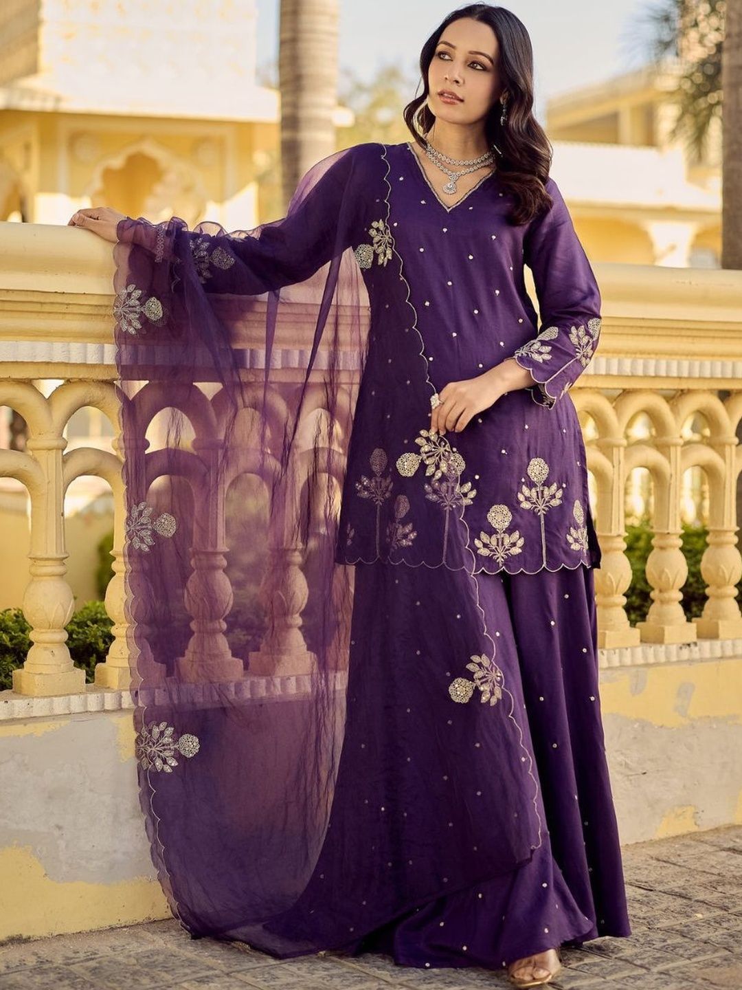 KALINI Women Ethnic Motifs Embroidered Regular Thread Work Chanderi Silk Kurta with Sharara & With Dupatta-picture-35