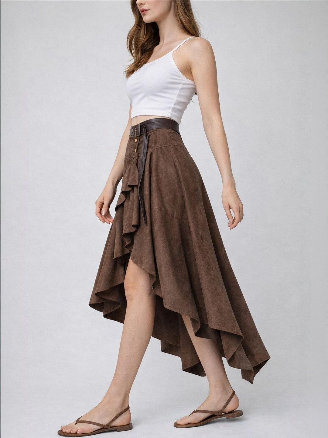 Suo Women Draped Front Slit Midi A-Line Skirt-picture-44