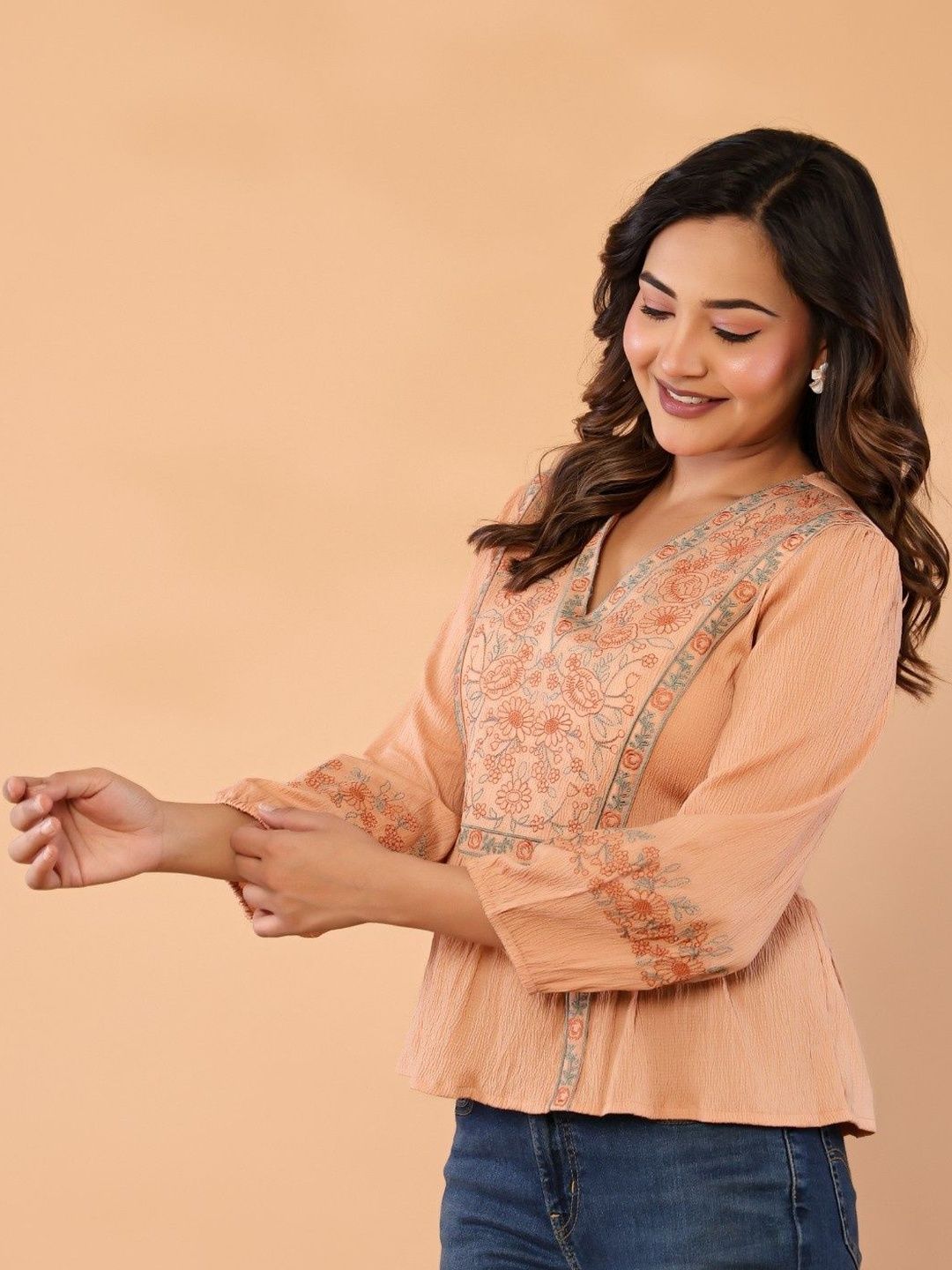 Sangria Embroidered V-Neck Regular Tops-picture-58