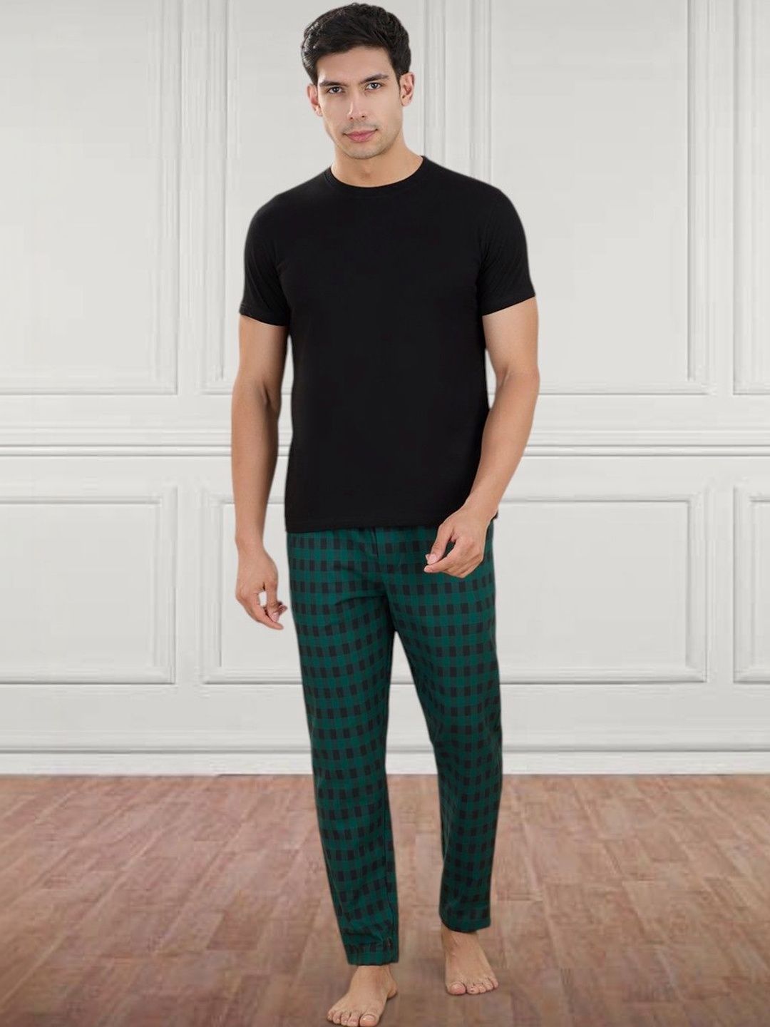 ETC Round Neck Short Sleeves Pure Cotton T-Shirt With Checked Pyjamas-picture-29