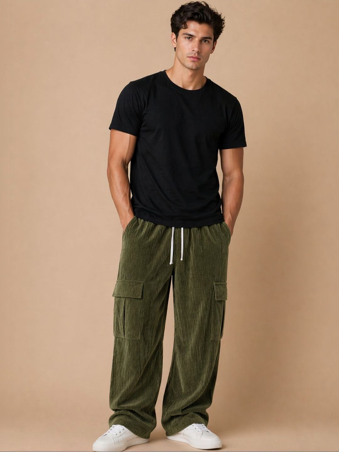 HERE&NOW Men Textured Relaxed Easy Wash Cargos Trousers-picture-34