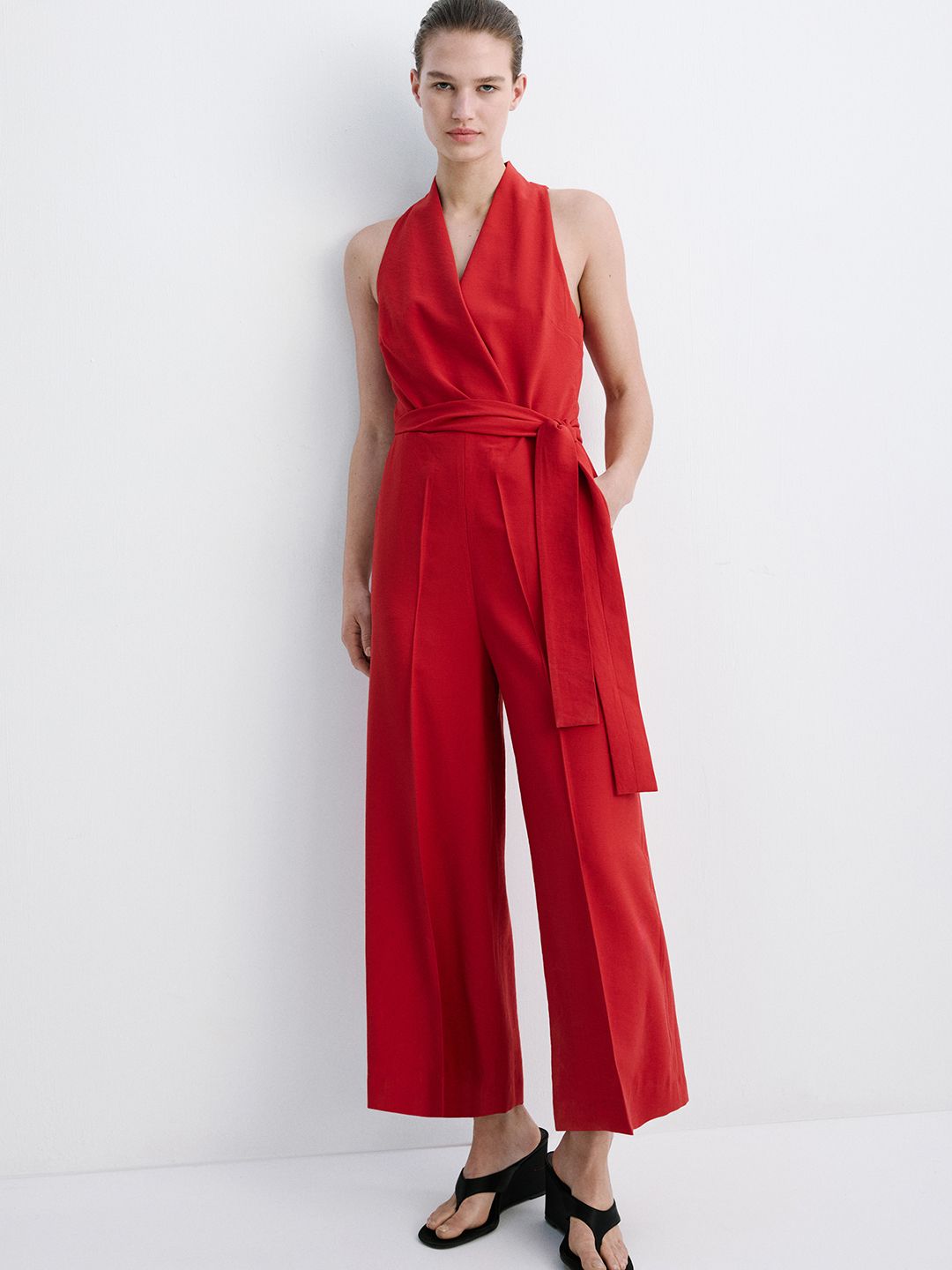 MANGO V-Neck Waist Tie-Ups Basic Jumpsuit-picture-22