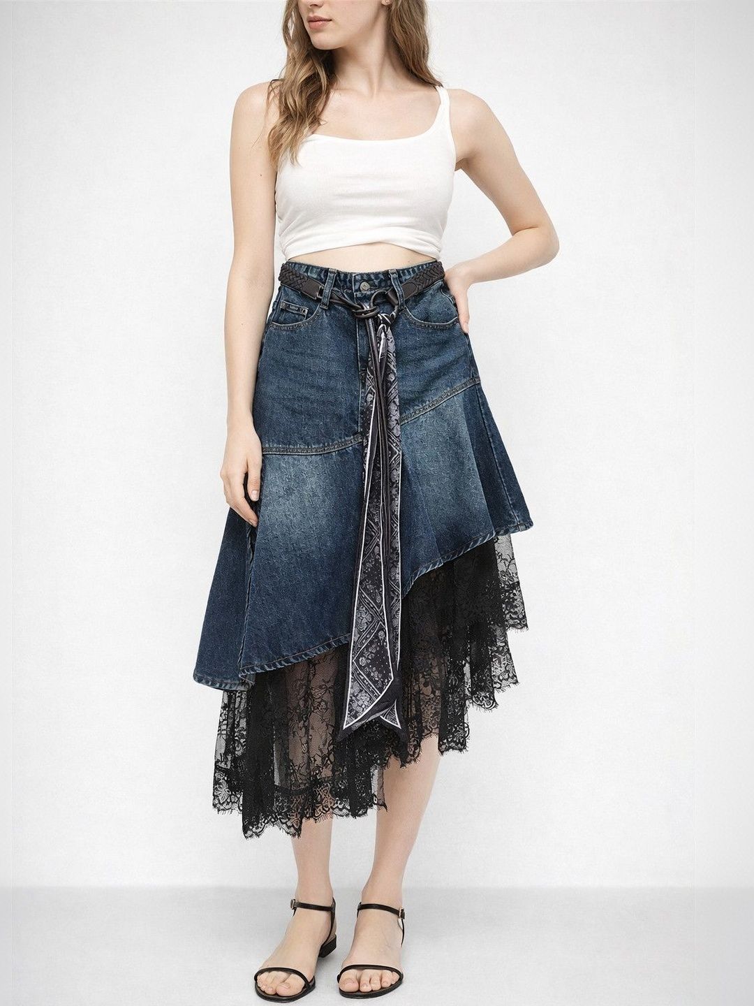 Suo Women Denim Tiered Midi A-Line Skirt-picture-23