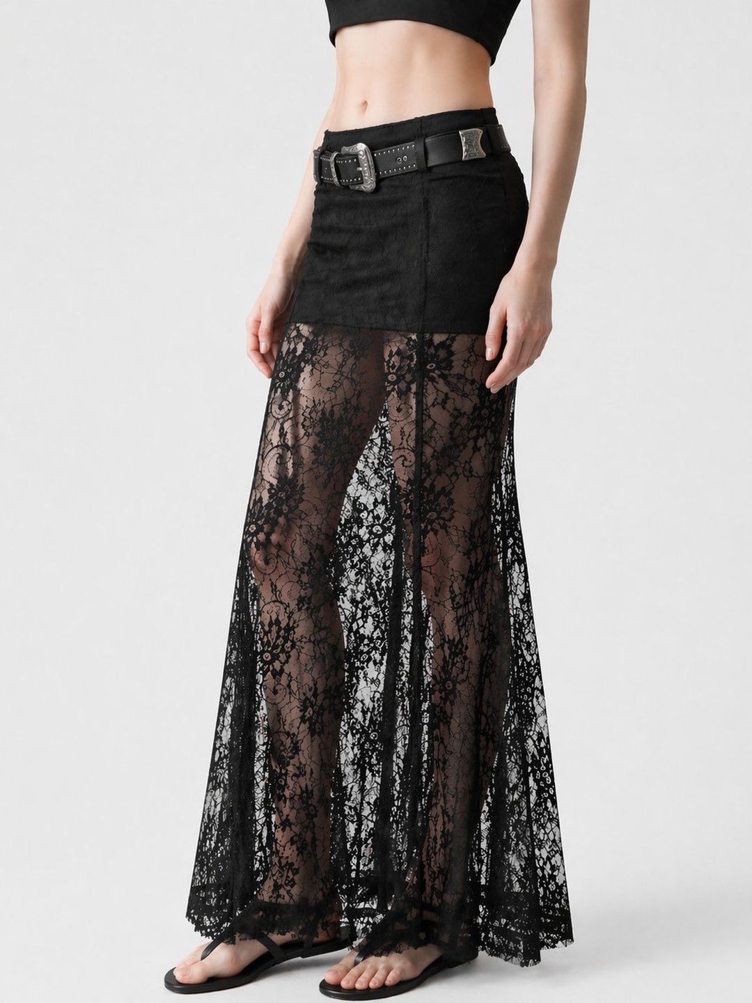 Suo Women Lace Floral Sheer Maxi Straight Skirt-picture-26