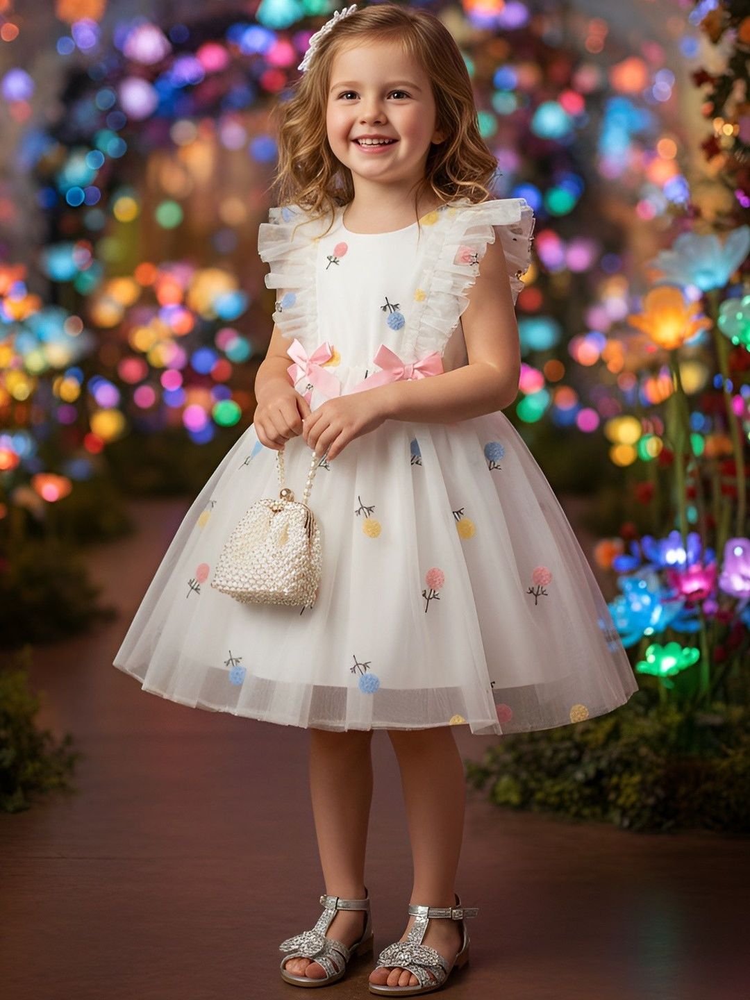 YK Girls Puff Sleeve Ruffled A-Line Dress-picture-21