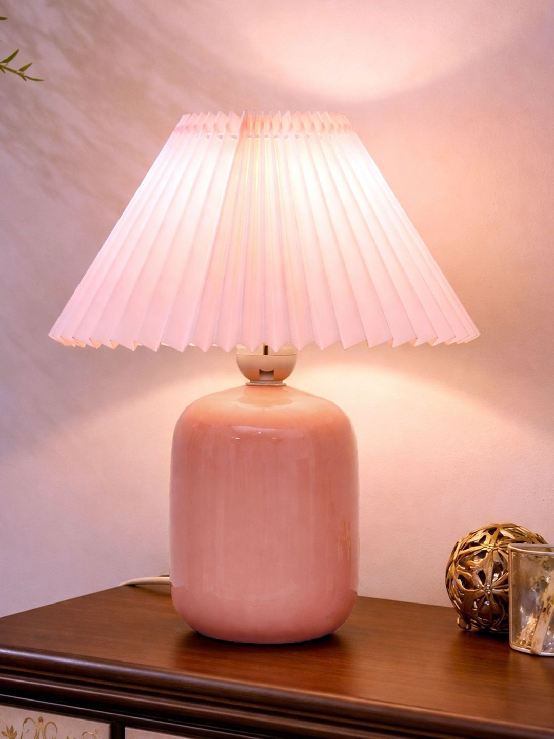 Homesake Pink Textured Ceramic Contemporary Cylindrical Shaped Table Lamp-picture-54