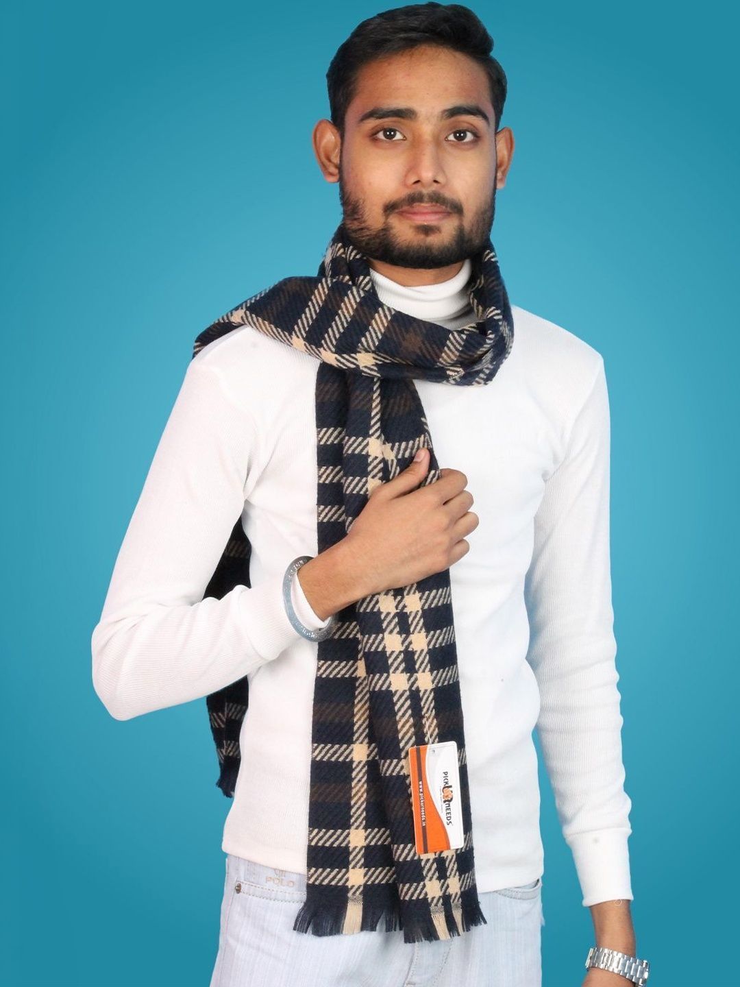 Pick Ur Needs Men Checked Merino Wool Mufflers-picture-38