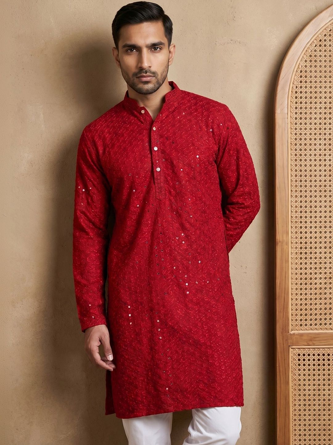 House of Pataudi Embroidered Mandarin Collar Knee Length Straight Kurta-picture-38