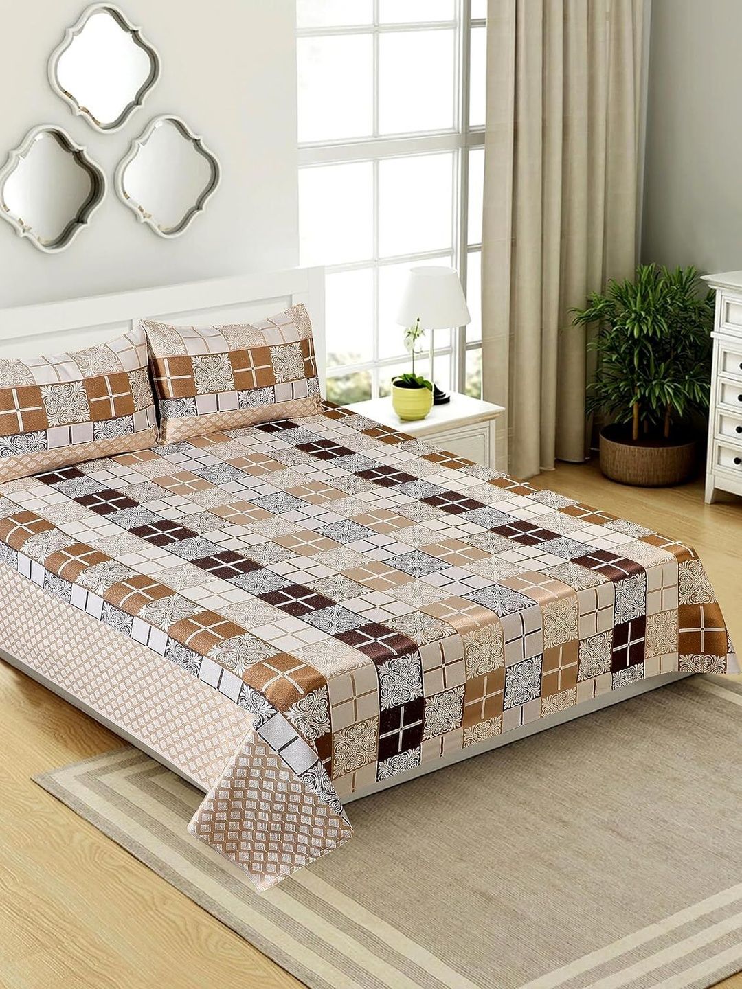 Victor Multicoloured Geometric 210 TC King Bedsheet with 2 Pillow Covers-image-39