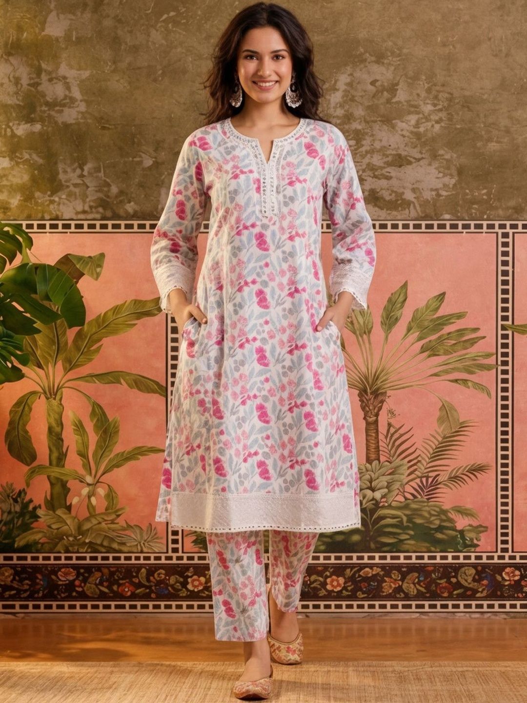Sangria Printed Pure Cotton V-Neck Kurta & Trousers-picture-24