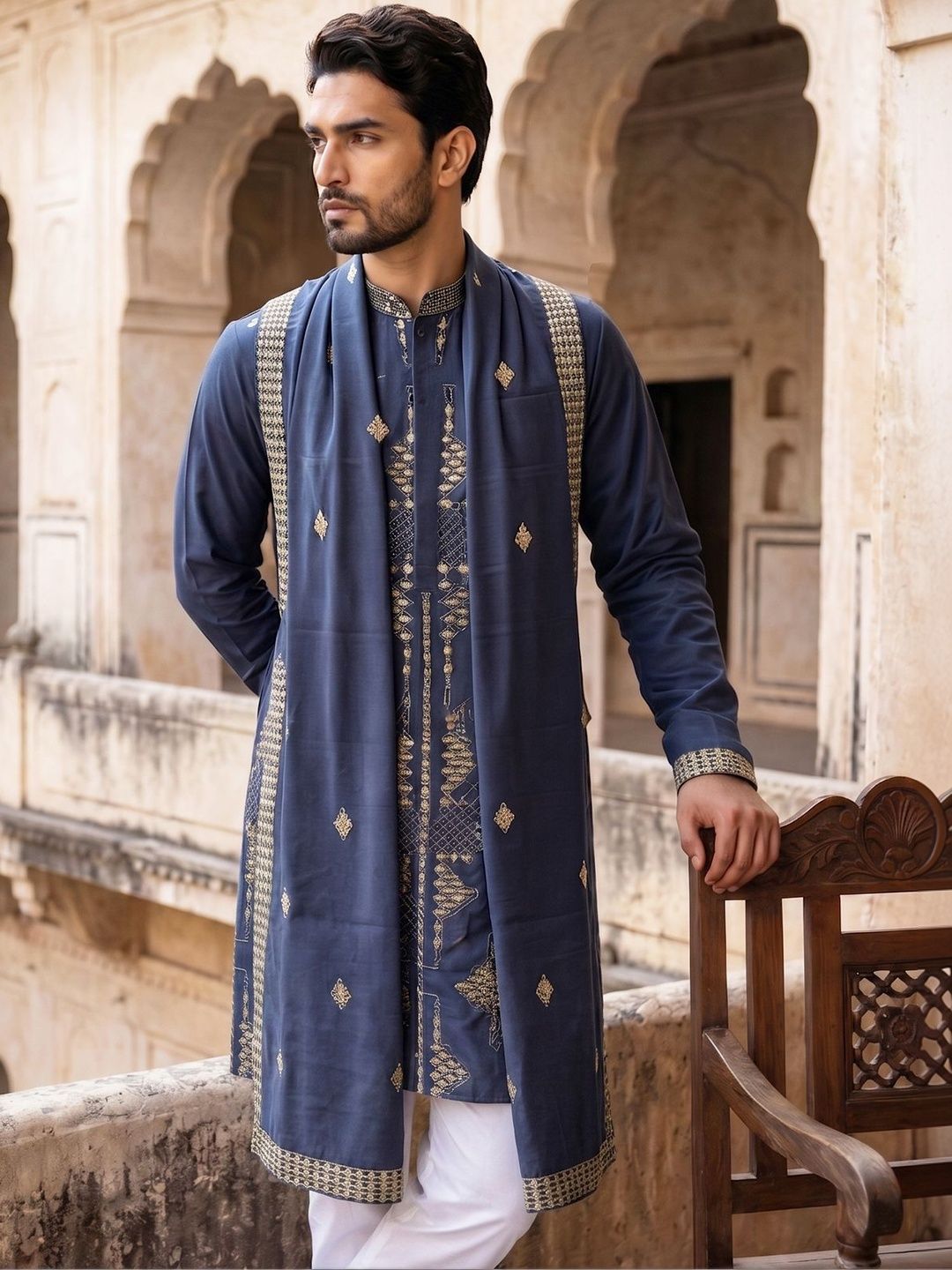 Jompers Men Embroidered Mandarin Collar Kurta with Dupatta-picture-38