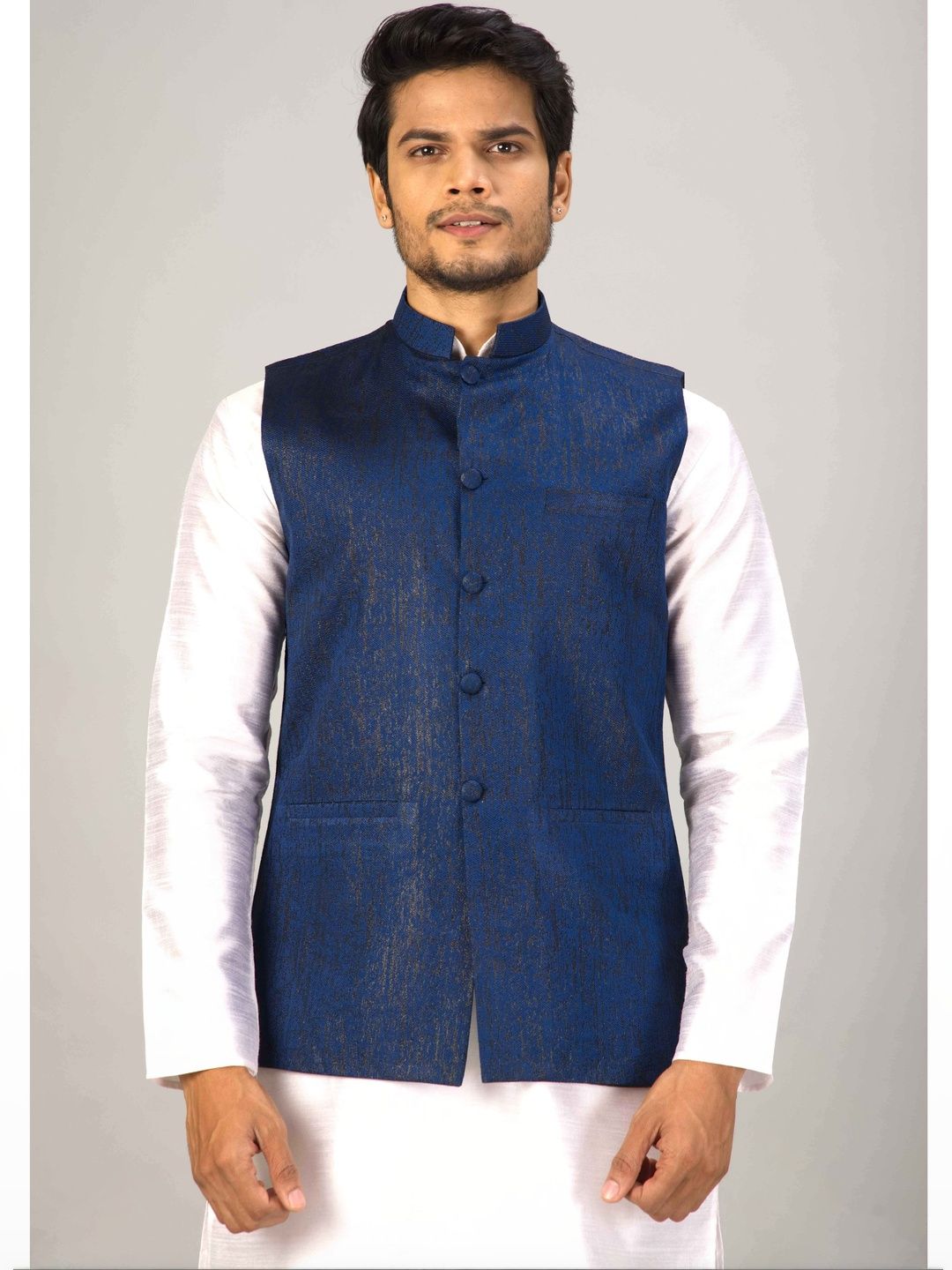 MODERN MUGHALS Textured Mandarin Collar Sleeveless Nehru Jackets-picture-41