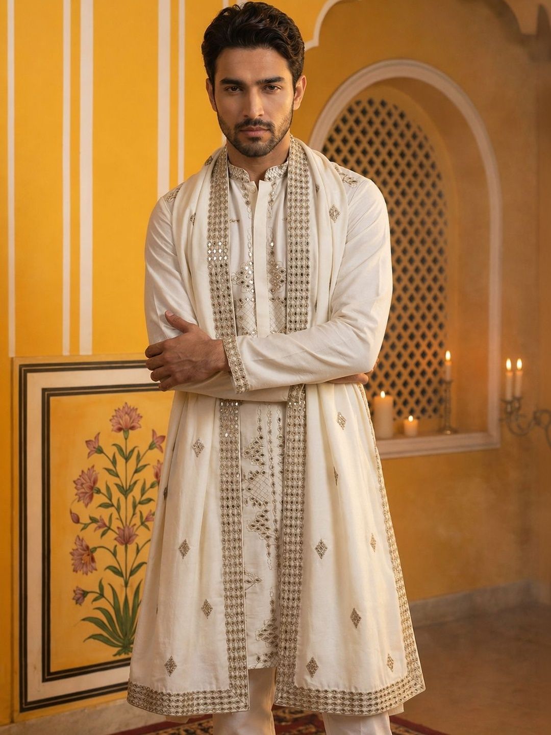 Jompers Men Ethnic Motifs Embellished Mirror Work Grandeur & Majestic Artwork Kurta-picture-27