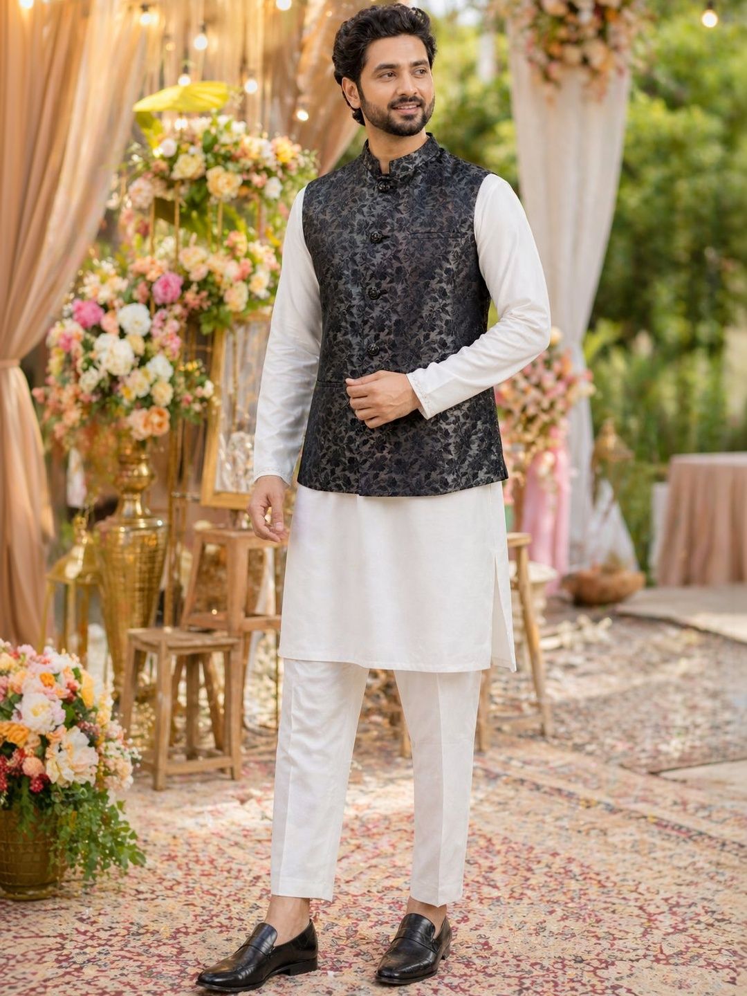 House of Pataudi Floral Textured Mandarin Collar Nehru Jacket-picture-11
