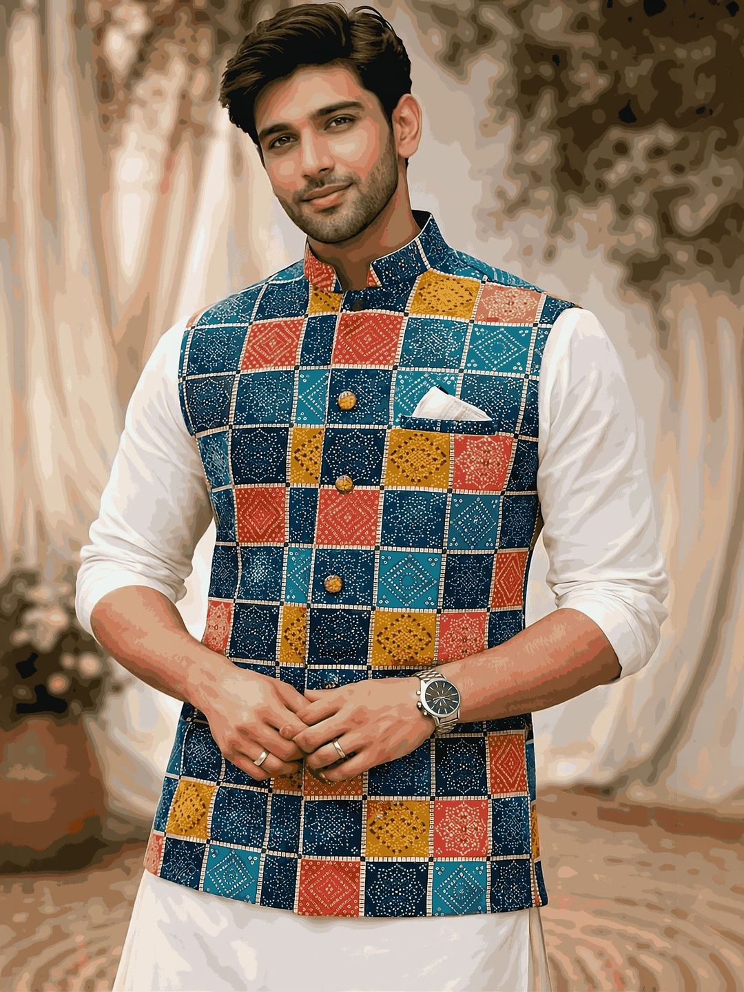 MODERN MUGHALS Printed Mandarin Collar Sleeveless Nehru Jacket-picture-14