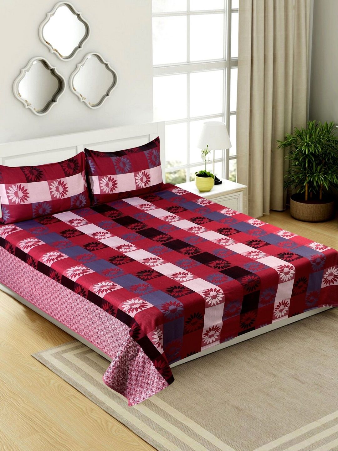 Victor Red Floral 210 TC Bedsheet with 2 Pillow Covers-image-26