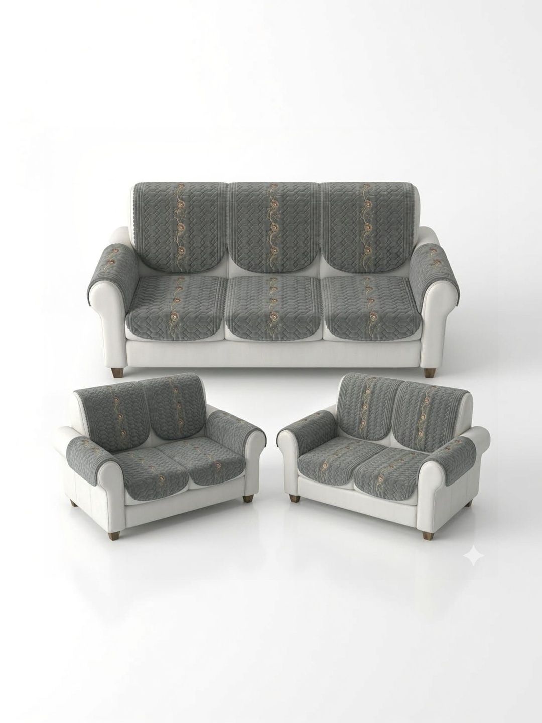 RAINBOW FURNISHINGS Grey & Grey Embroidered Sofa Cover With Arms-image-12