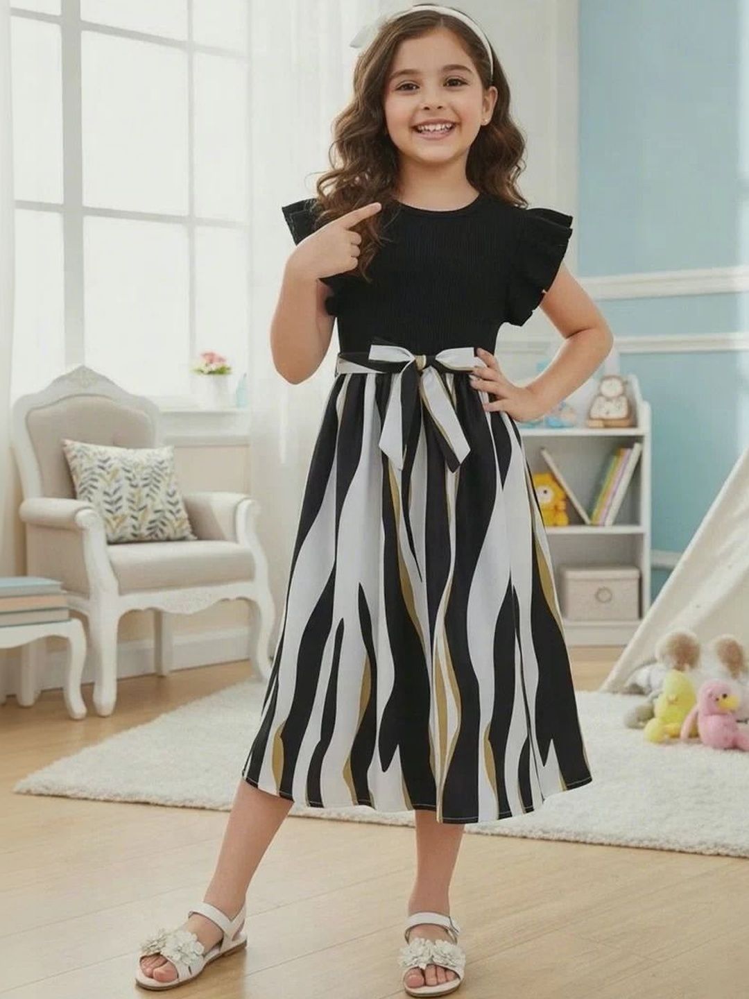 YK Print Puff Sleeve Layered A-Line Dress-picture-10