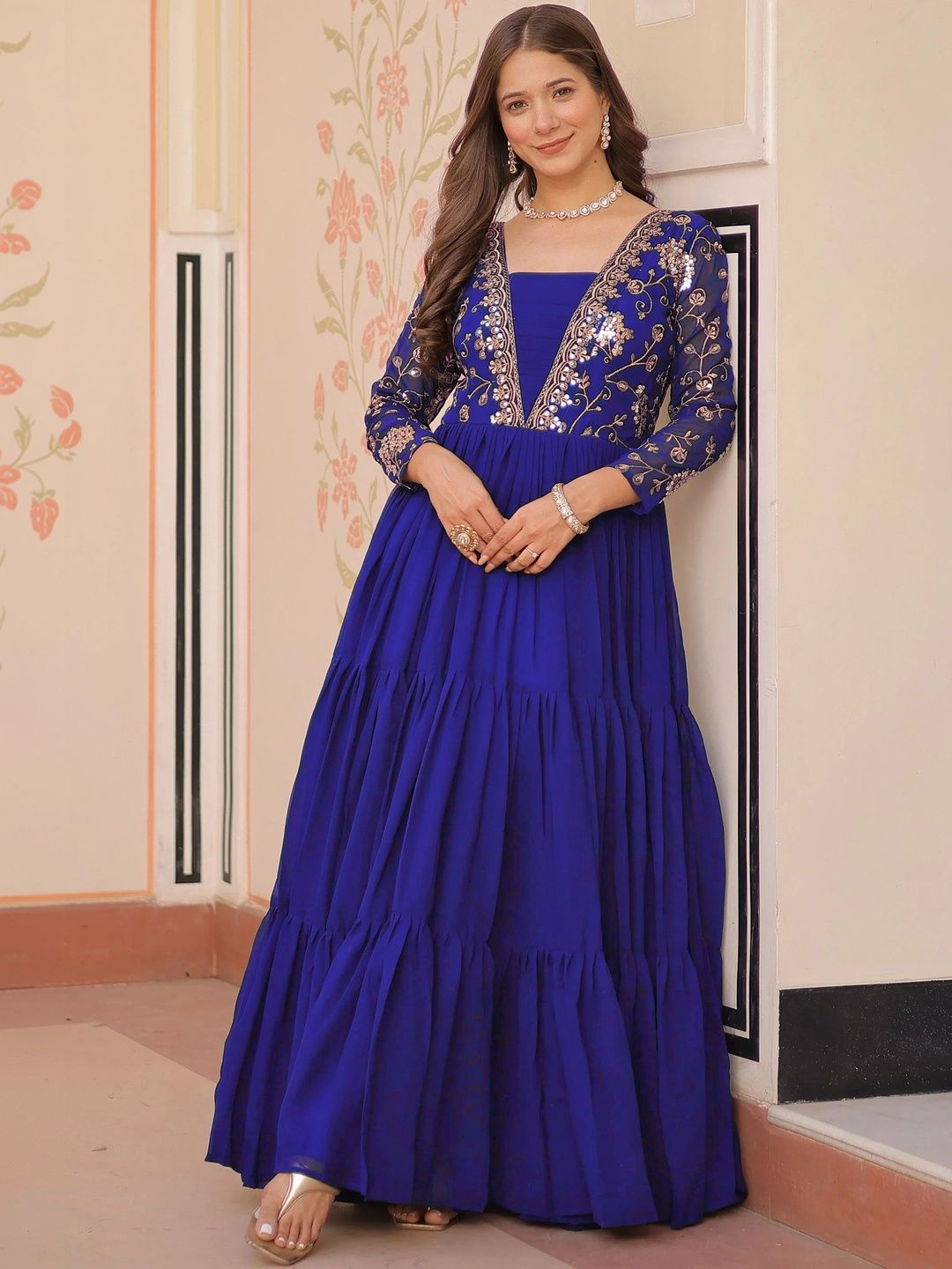 FoxDX Embroidered V-Neck Fit & Flare Ethnic Dresses-image-9
