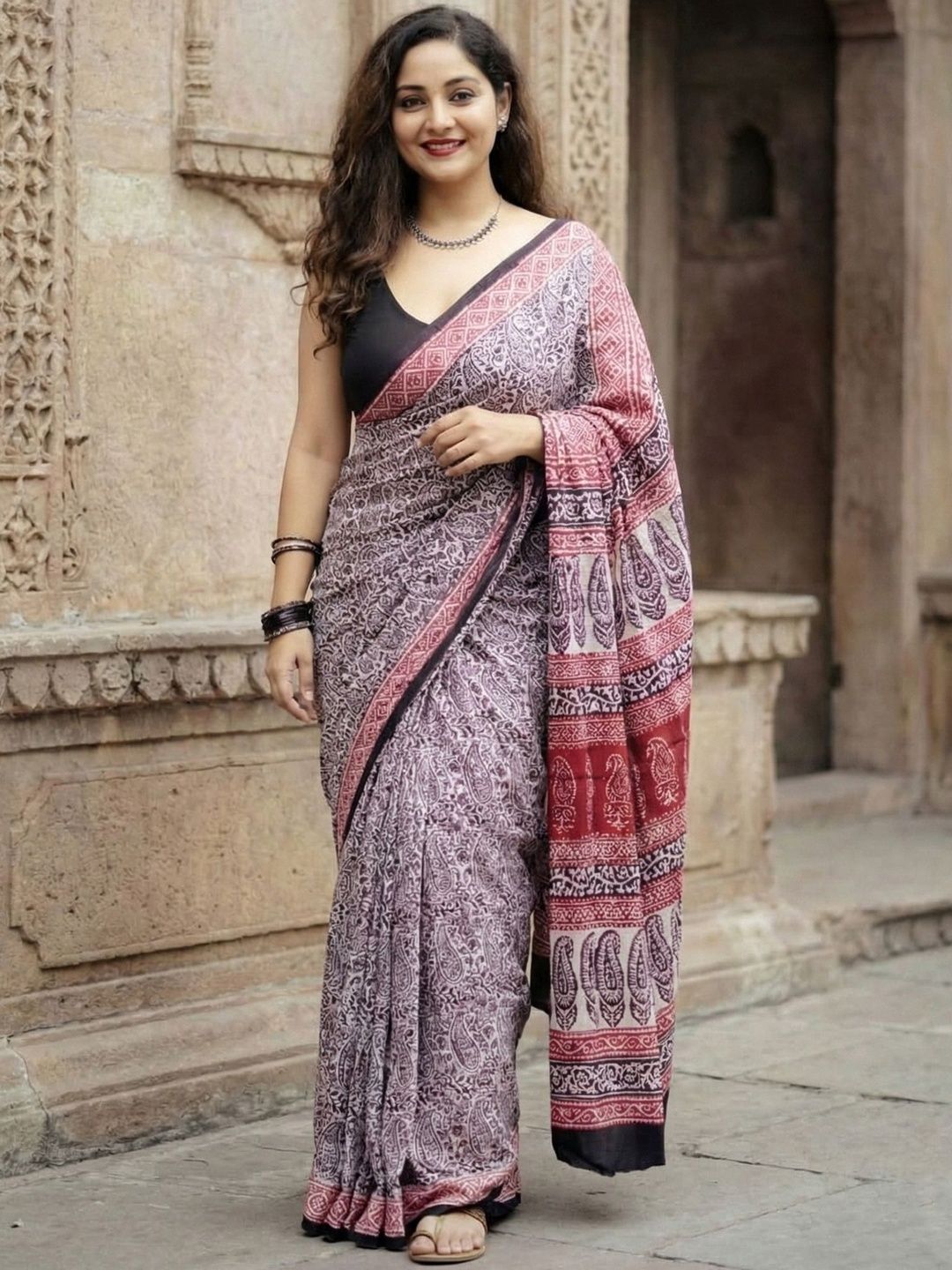 Anjaneya Sarees Ethnic Motifs Printed Block Print Saree-image-0