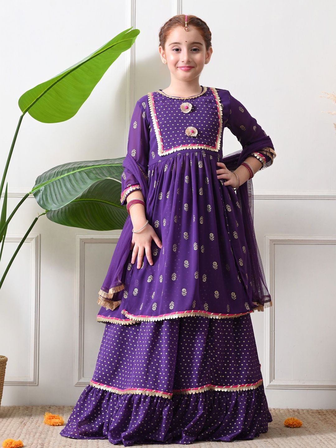 House of Pataudi Girls Printed Round Neck Kurta & Skirt With Dupatta-picture-19