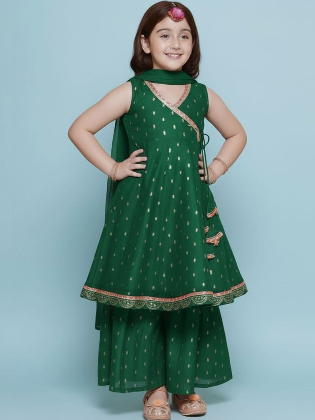 KALINI Girls Ethnic Motifs Printed Angrakha Gotta Patti Chanderi Silk Kurta with Sharara & With Dupatta-picture-29