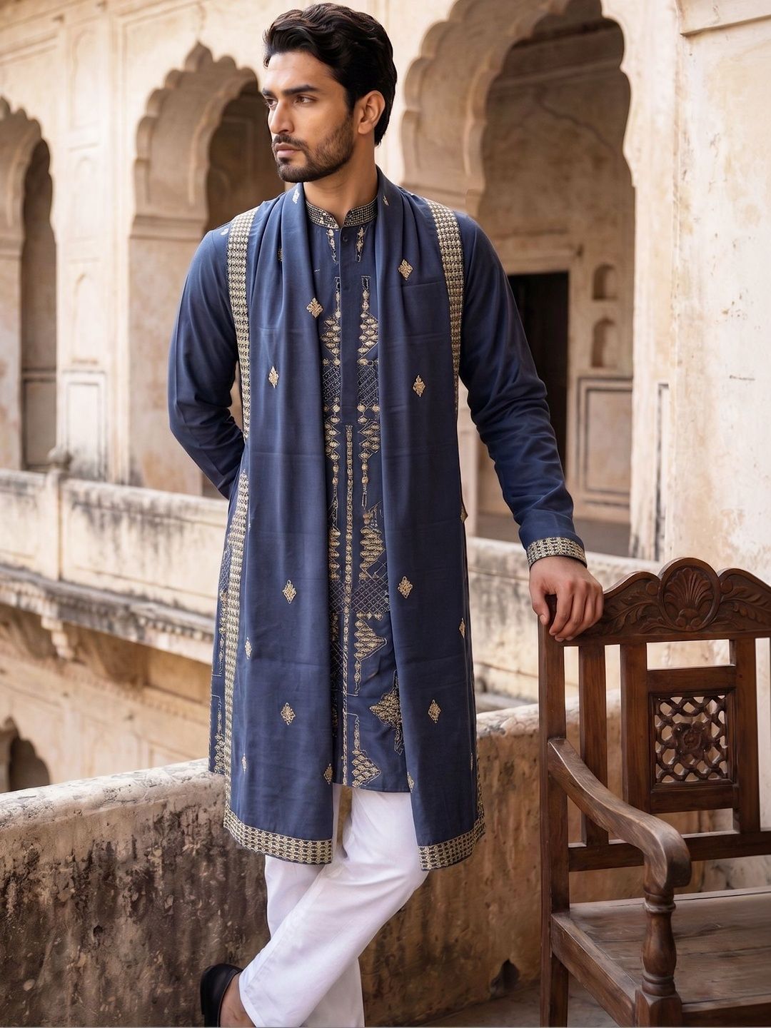 Jompers Men Ethnic Motifs Embroidered Regular Thread Work Kurta with Pyjamas & With Dupatta-picture-43