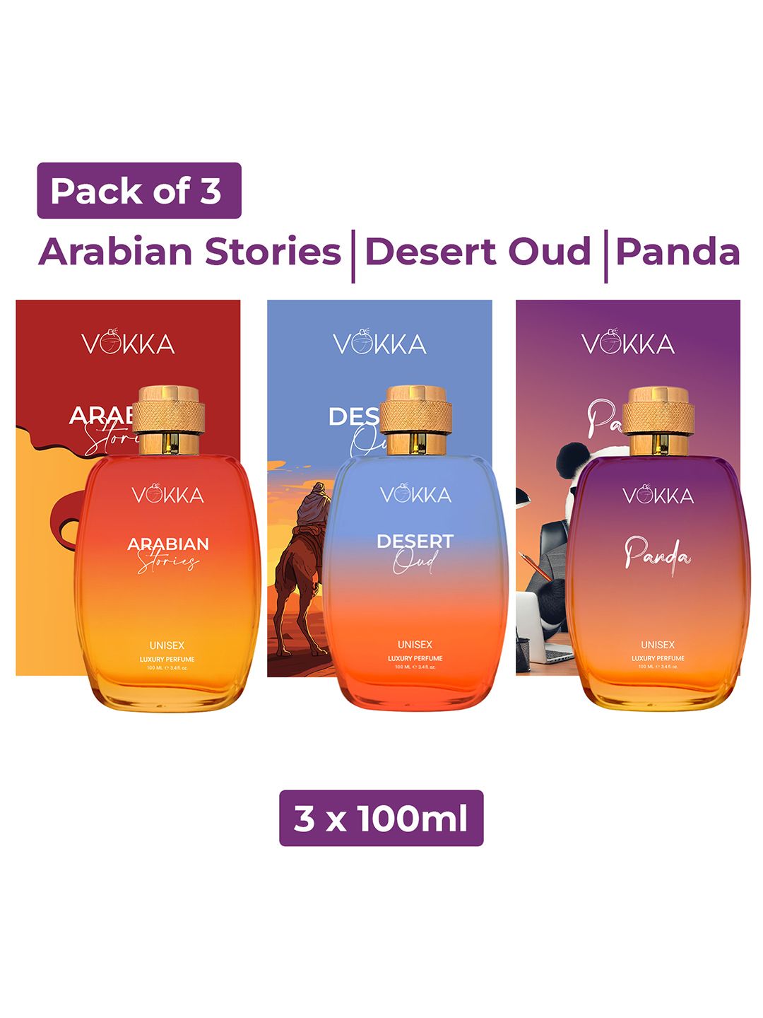 VOKKA Set Of 3 Arabian Stories Desert Oud & Panda Long Lasting Eau de Perfume- 100 ml Each-image-27