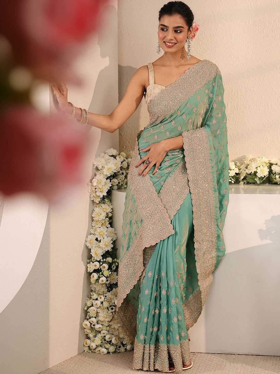 Libas Art Sea Green Embellished Tissue Saree with Unstitched Blouse Piece-picture-15