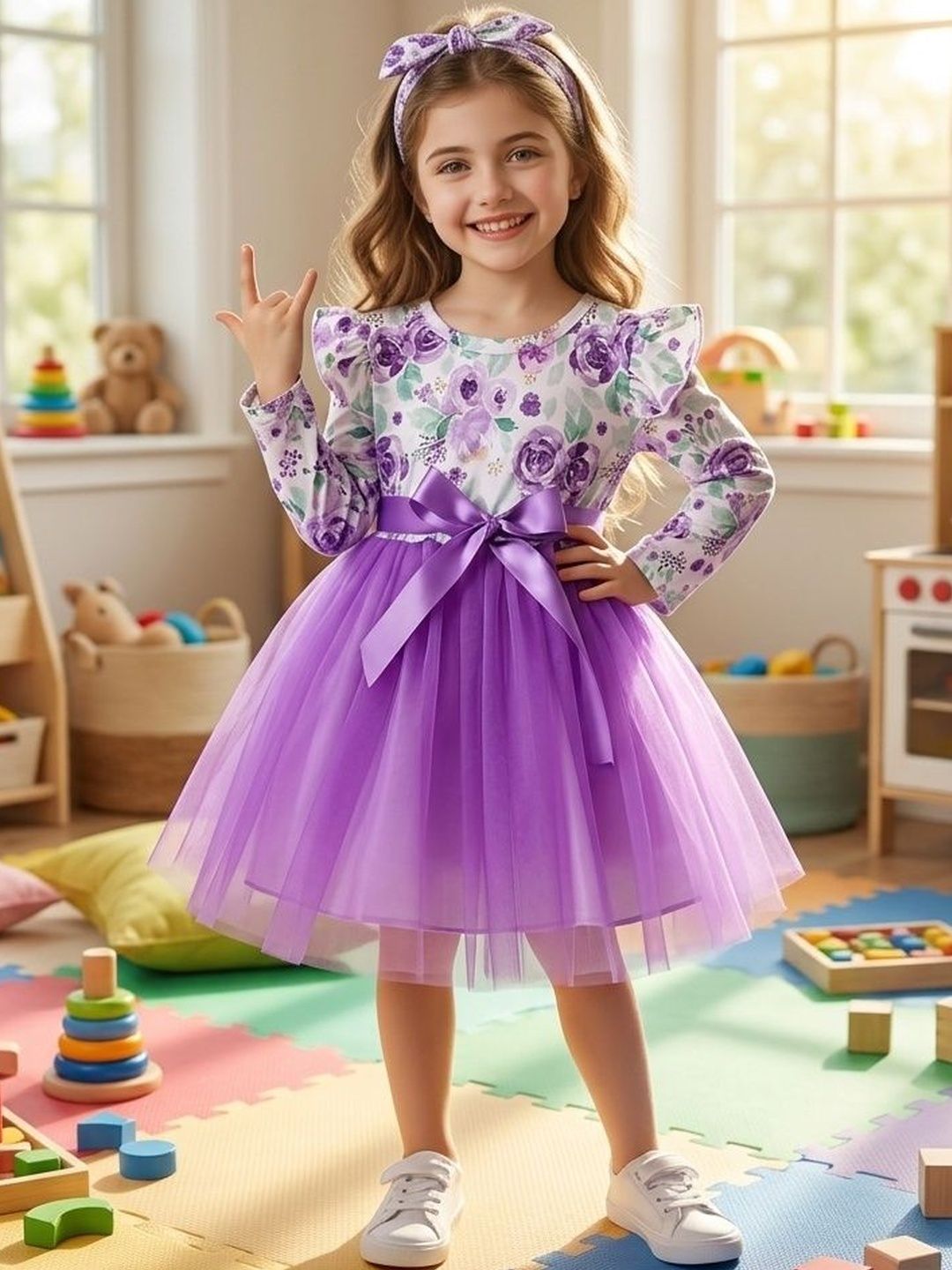 YK Girls Puff Sleeve A-Line Dress-picture-22