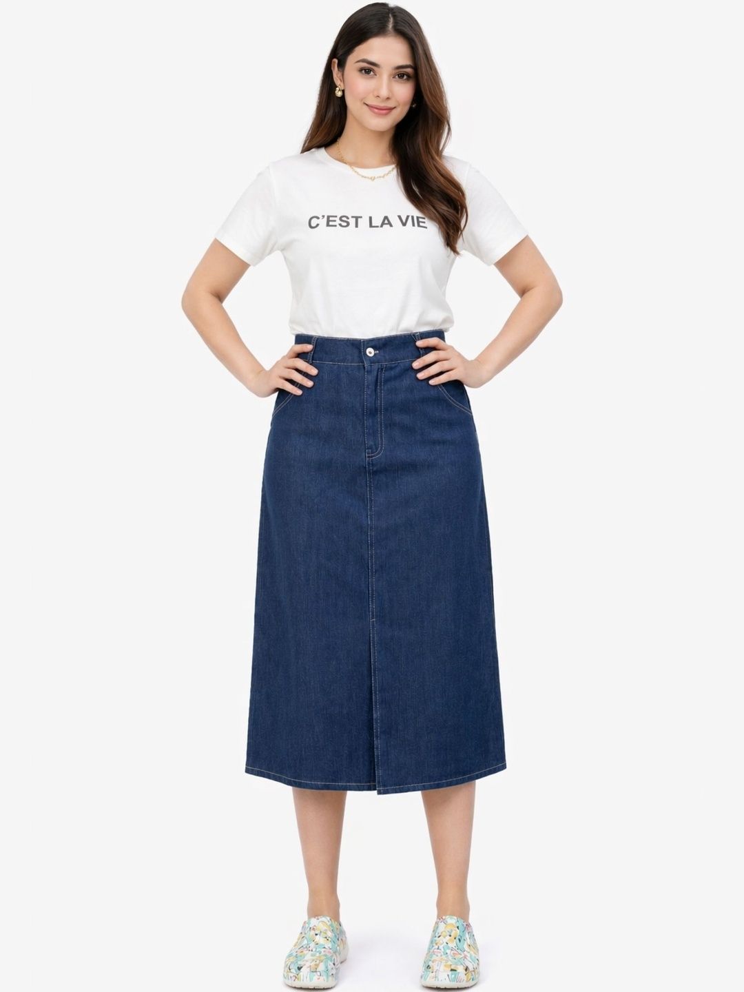Tripursundari Fashion Women Denim Front Slit Midi Straight Skirt-picture-38