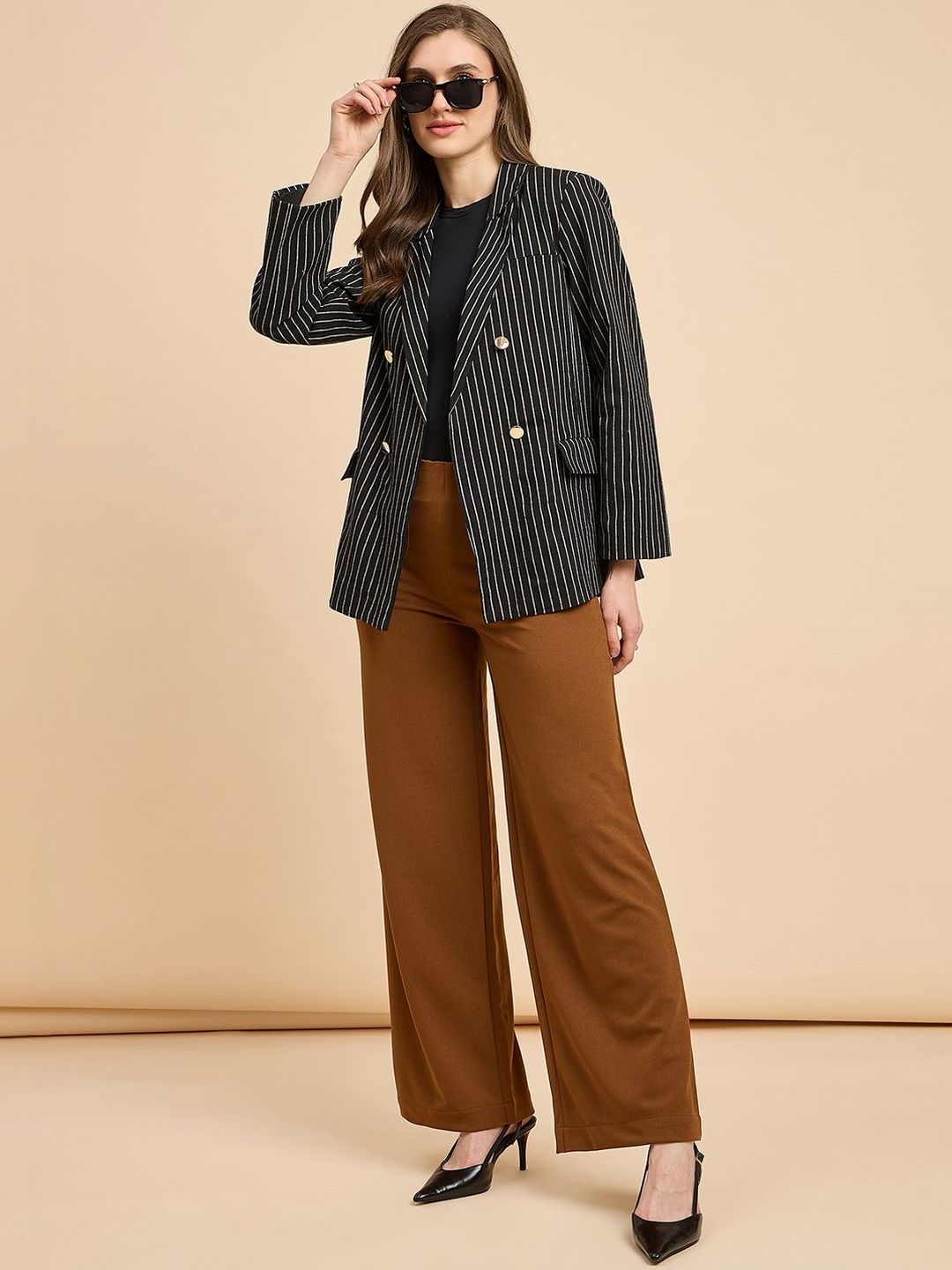 JUNE & HARRY Striped Notched Lapel Double-Breasted Relaxed Fit Formal Blazers-picture-52