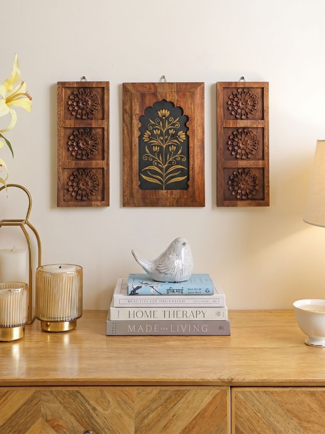 Mirai Woods Katha 3Pcs Brown & Black Rajasthani-Patterned Wooden Wall Hangings-image-39