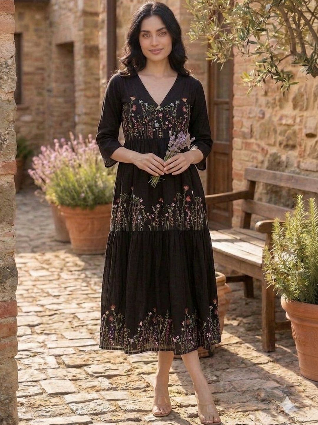 Social geek Floral Embroidered V-Neck Tiered Kurti-picture-55