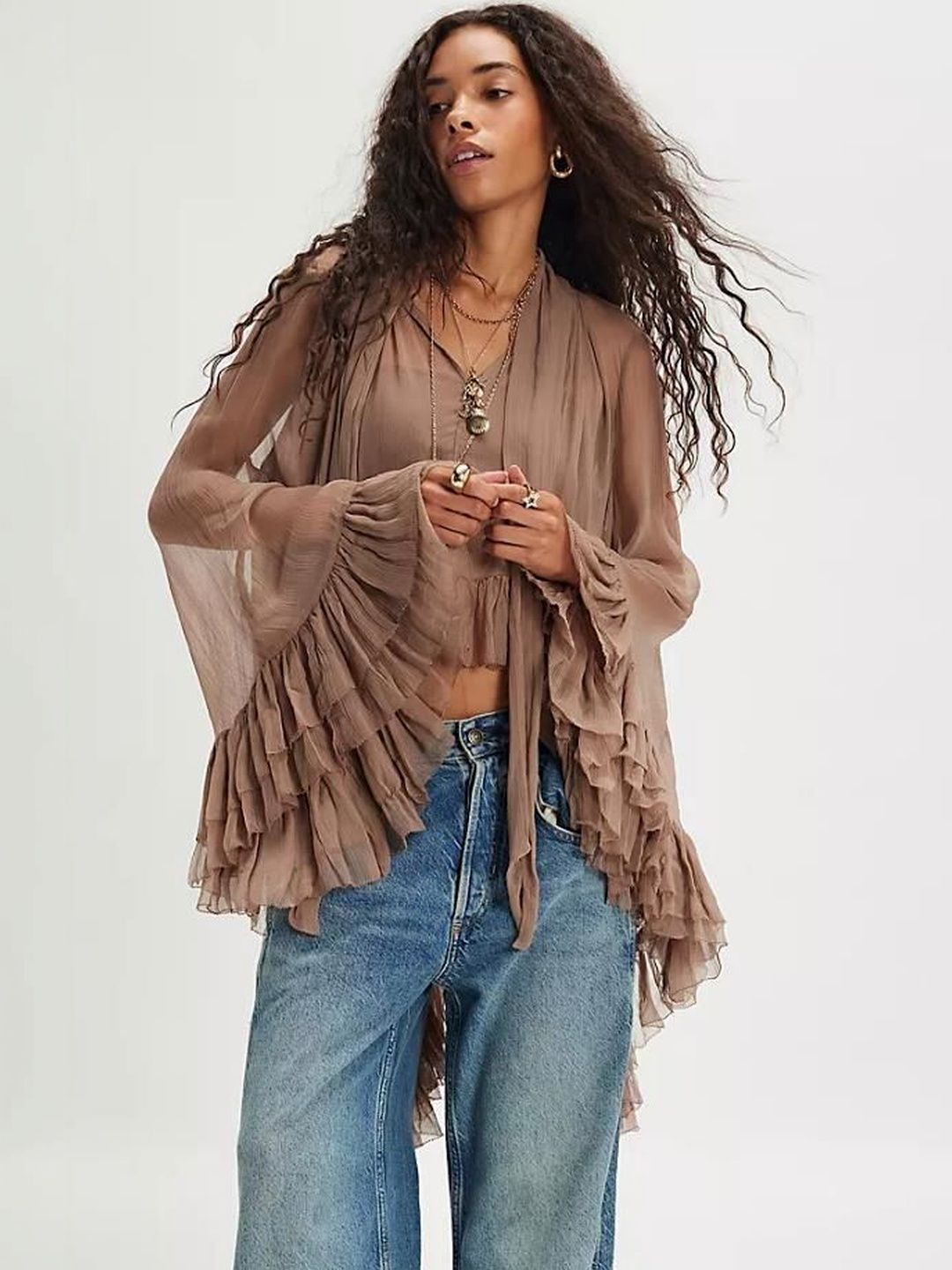 stylecast x revolte Khaki High Neck Longline Ruffle Wrap Top-picture-14
