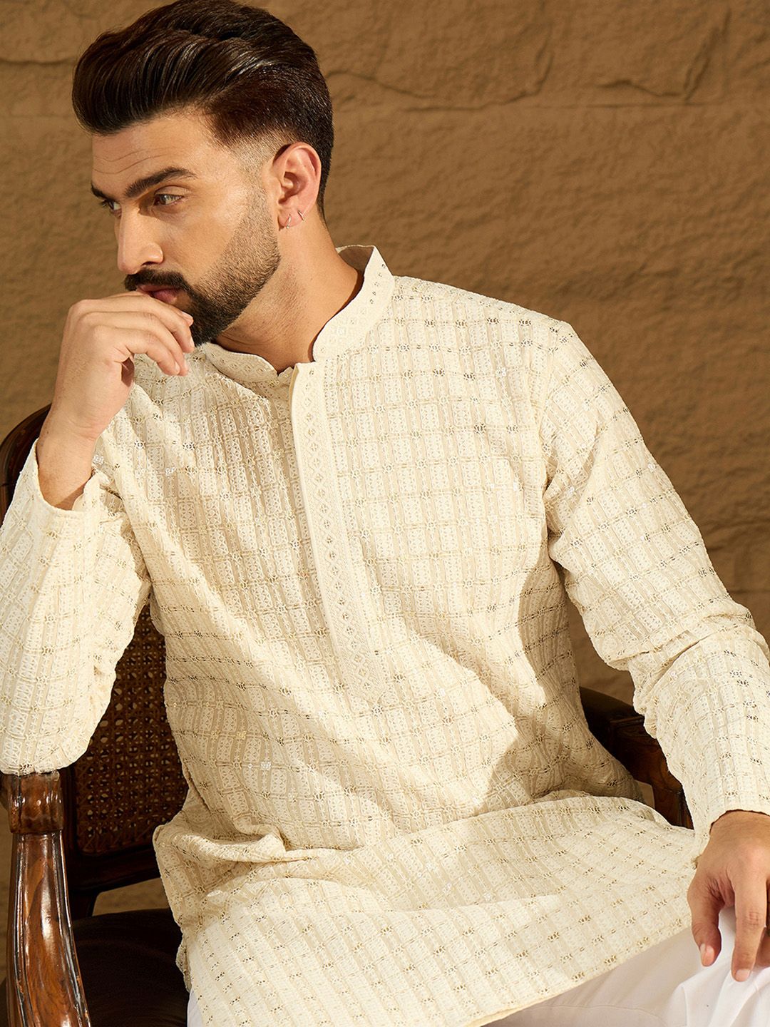 Ethnic Bay Men Embroidered Regular Chikankari Kurta with Pyjamas-picture-46